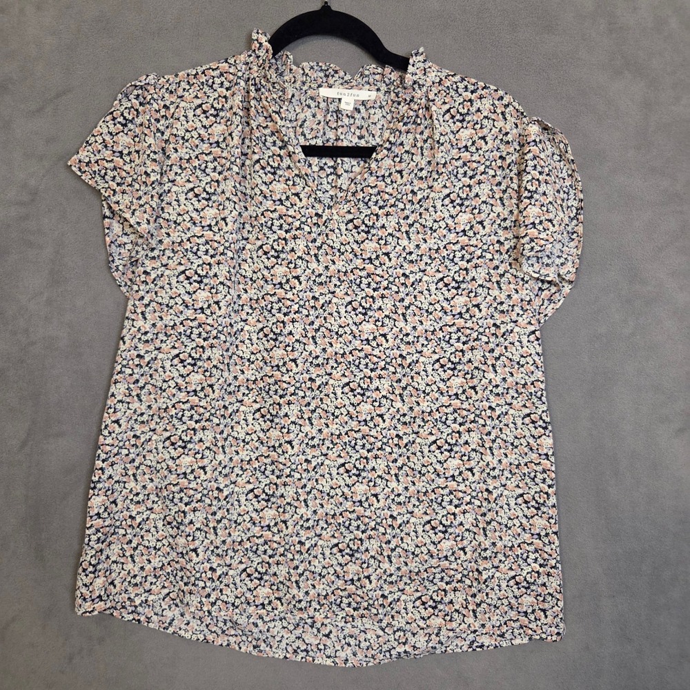 fun2fun Floral Ruffle Neck Blouse Women's Medium Cap Sleeve Ditsy Print Cottage